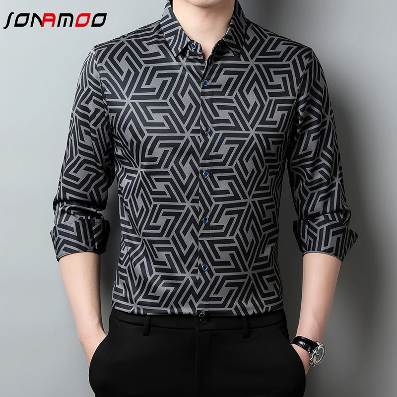 

New Men's Casual Printed Long Sleeved Lapel Shirt for Spring and Autumn Fashion Comfortable Wrinkle Free Top Without Ironing