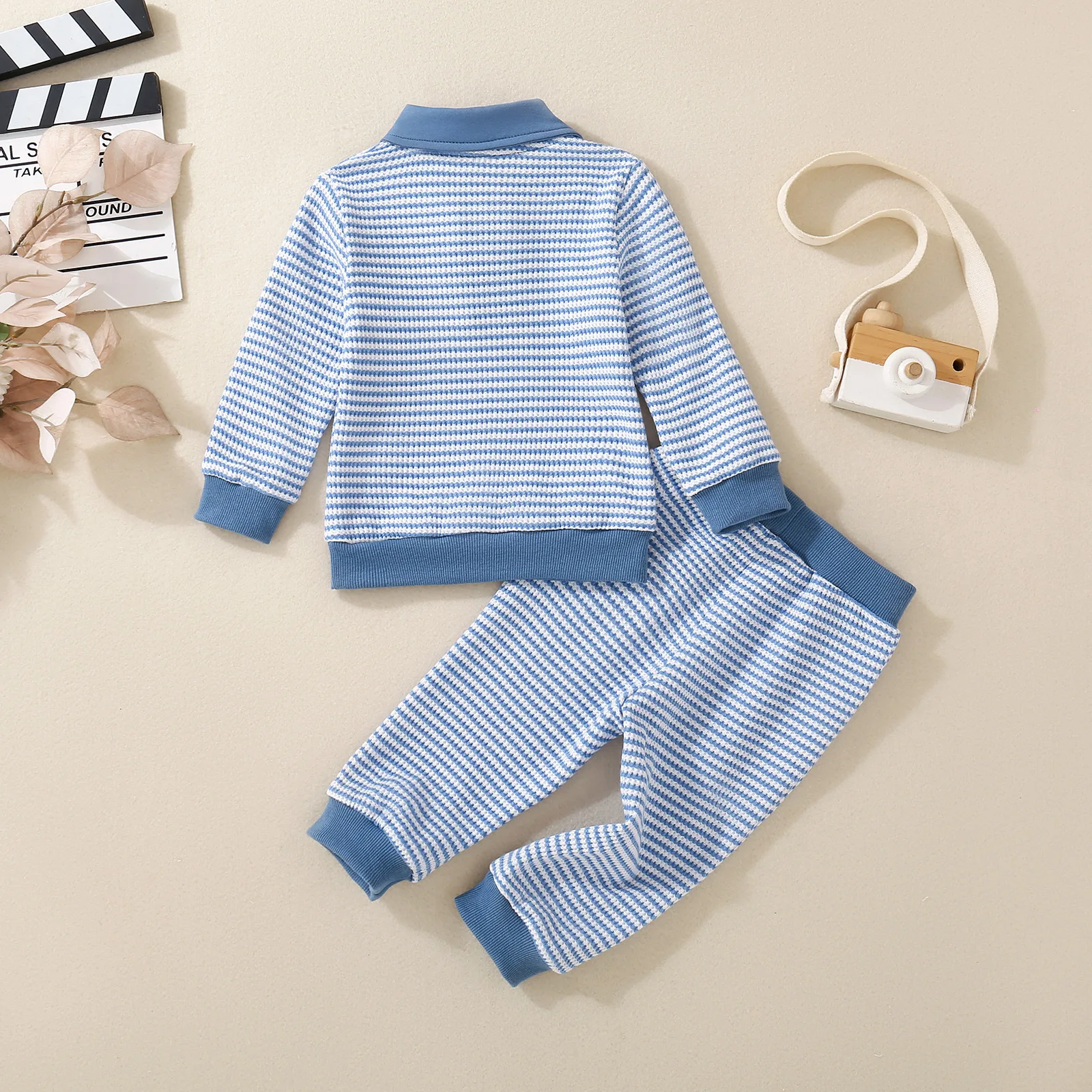 Spring and Autumn New Baby Boys and Toddlers Striped Lapel Long Sleeve T-Shirt Top and Striped Pants Two-piece Fashion Casual