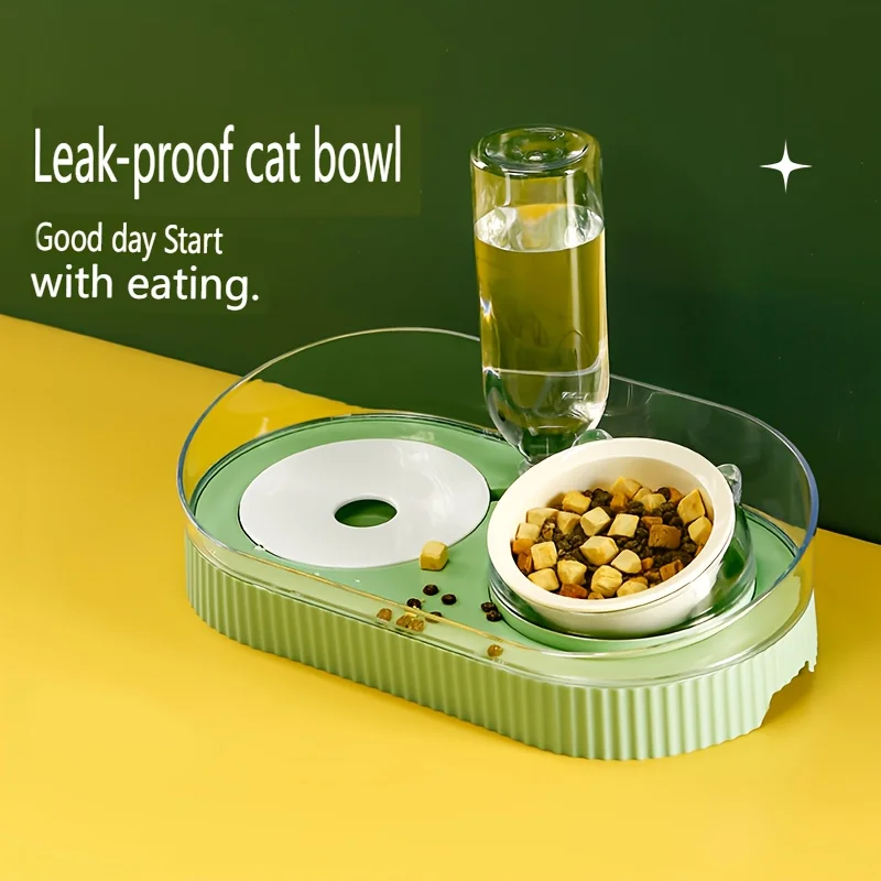 ウォーターディスペンサーと漏れ防止キャットボウルセット、プラスチック製デュアルボウル、ペット給餌ステーション、猫とペット用のこぼれ防止高架フードボウル