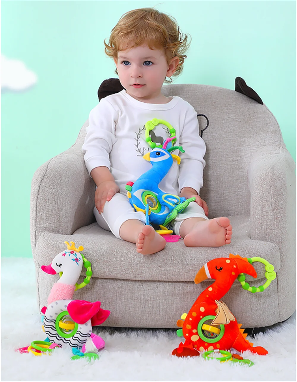 

High-quality Environmental Protection Cartoon Peacock Swan Baby Plush Toy Bed Pendant Rattle to Soothe Baby Sleep Gift