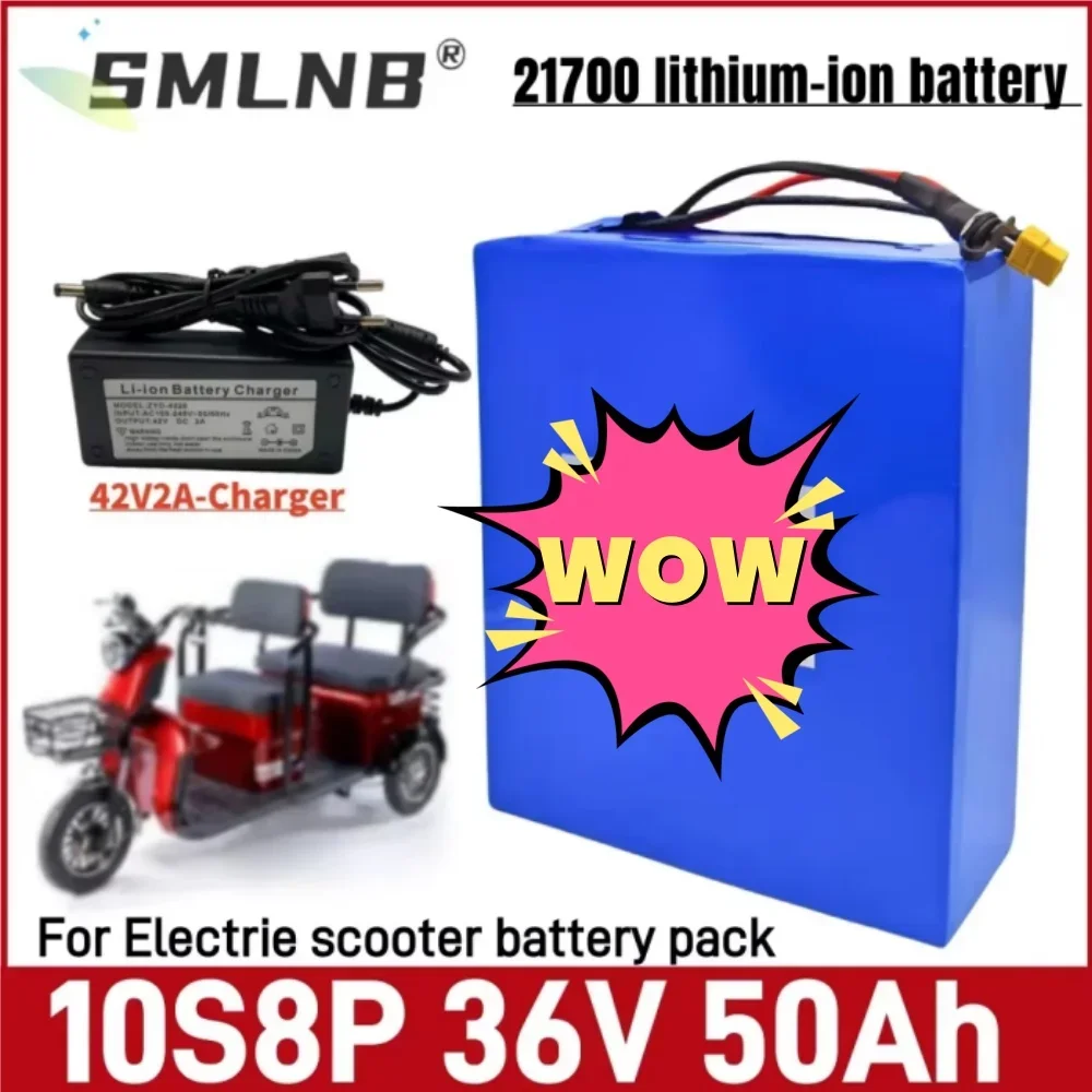 21700 lithium battery 36V 10S8P 50000mAh 100-1500W rechargeable battery - with charger, suitable for scooters and outdoor rescue