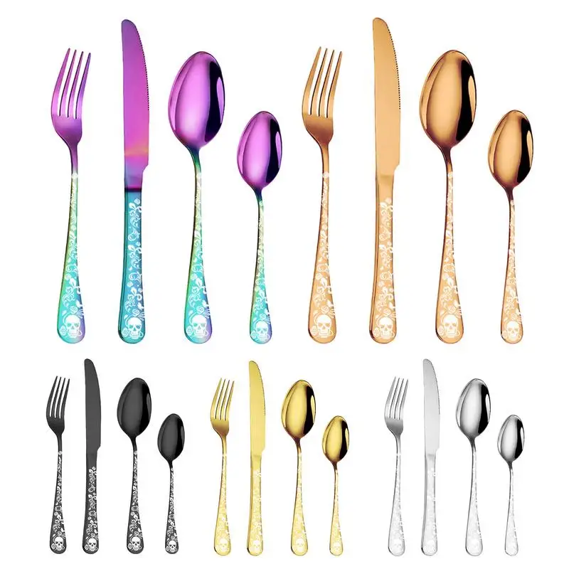 24Pcs Cutlery Set Tableware Stainless Steel Mirror Dinnerware Dinner Tea Spoon Fork Knife Western Skull Flatware Set