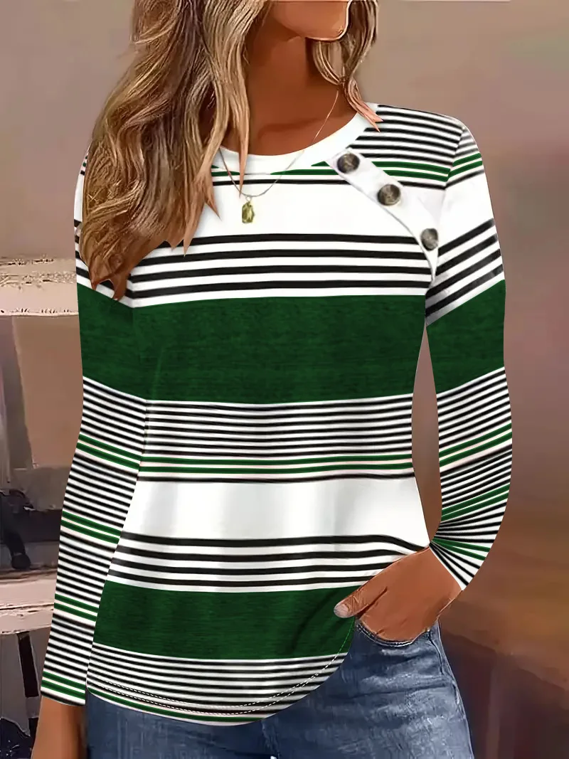 Fashion women's spring and autumn new striped splicing color blouse round neck long sleeve loose hoodie woman