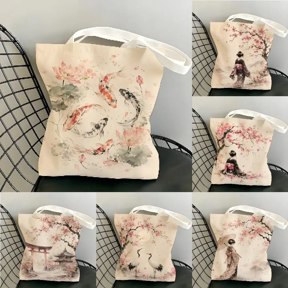 Japanese Geisha Cherry Blossoms Storage Bags Canvas Tote Bag Women Large Capacity Reusable Eco Shopping Shoulder Handbag