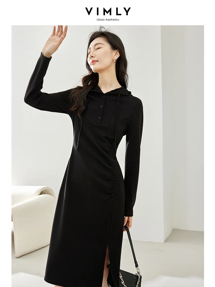 

VIMLY Black Drawstring Hooded Sweatshirt Dress for Women 2023 Autumn Fashion Casual Long Sleeve Draped Split Midi Dresses M3267