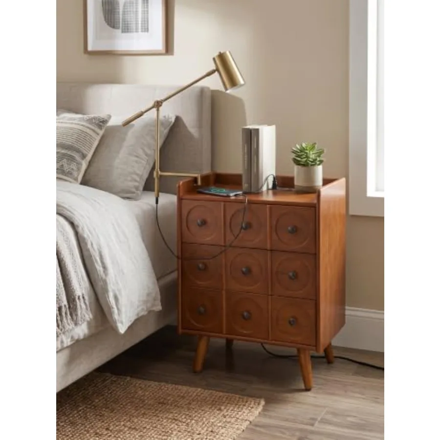 3-Drawer Nightstand with Charging Station USB AC Outlets Dark Brown