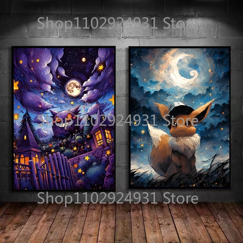 Anime Pokemon Van Gogh Starry Sky Character Pikachu Poster Watercolor Canvas Paintings and Prints Living Room Wall Art Pictures