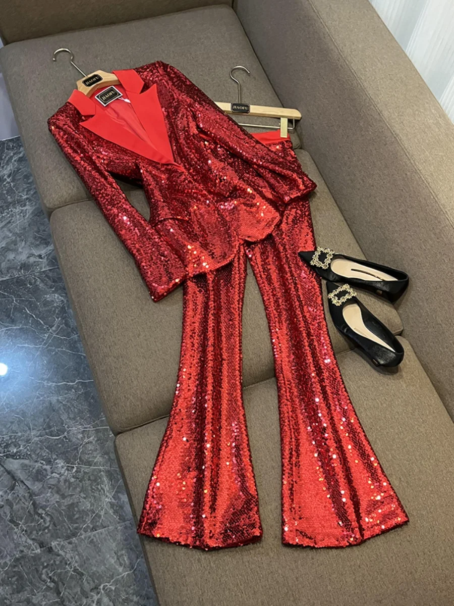 

Red Sequin Slim Fit Suit Set Women's Evening Dr Two Piece Set Ele Career Women's Pantsuit Polyester Triacetate Fiber