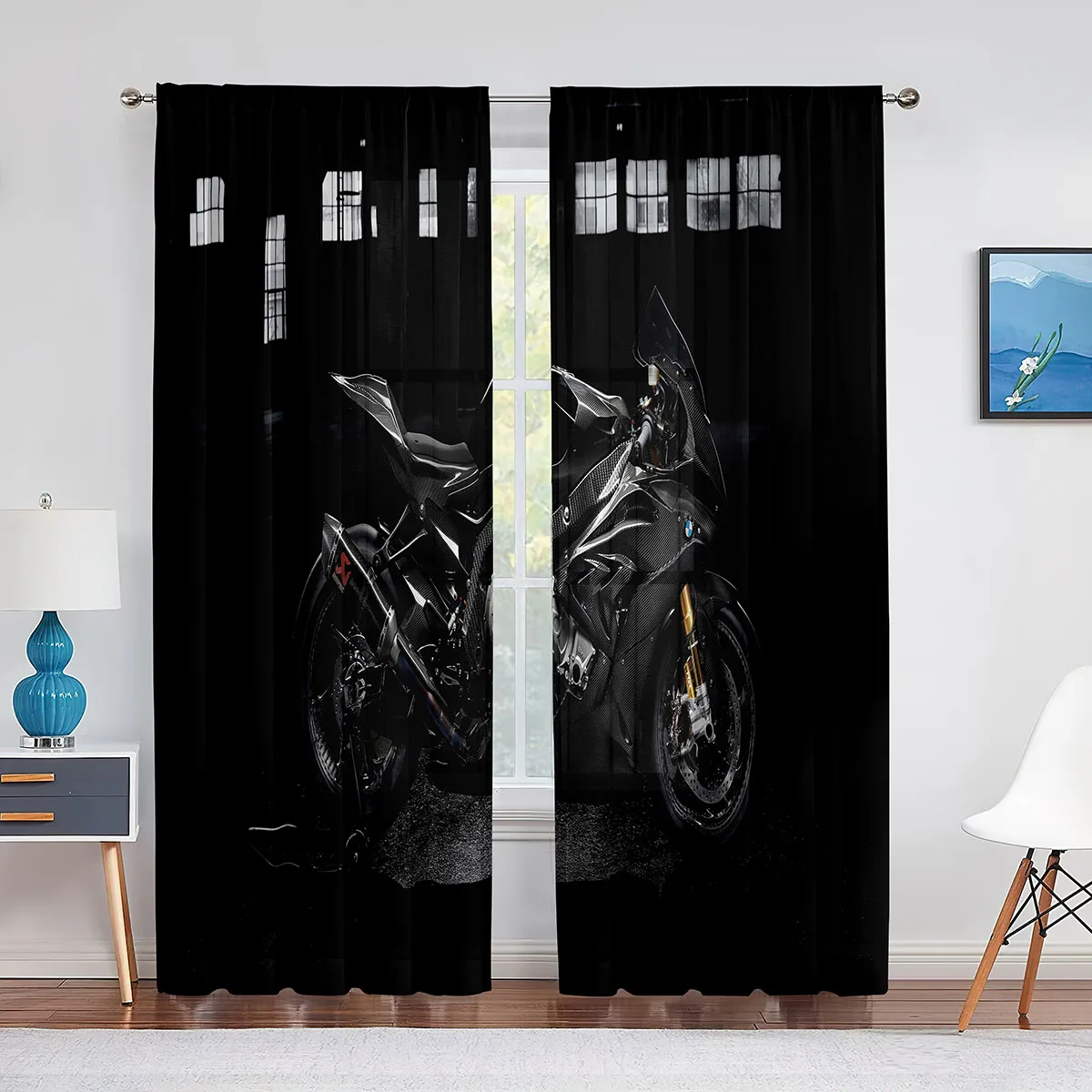 Biker Rides Motorcycle Sheer Voile Curtains for Bedroom Living Room Kitchen Decor Sports Tulle Curtains Chiffon Window Drapes