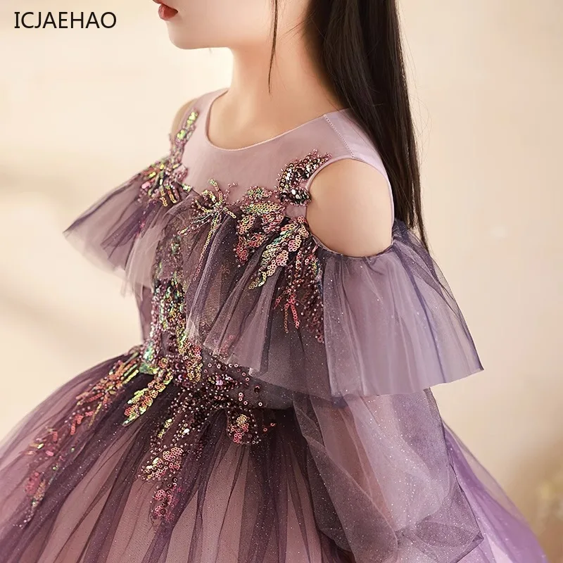 ICJAEHAO Elegant Party Dress Junior Girls Children Sequined Purple Tulle Dresses Kids Grad Night Formal Ball Gowm Party Vestido