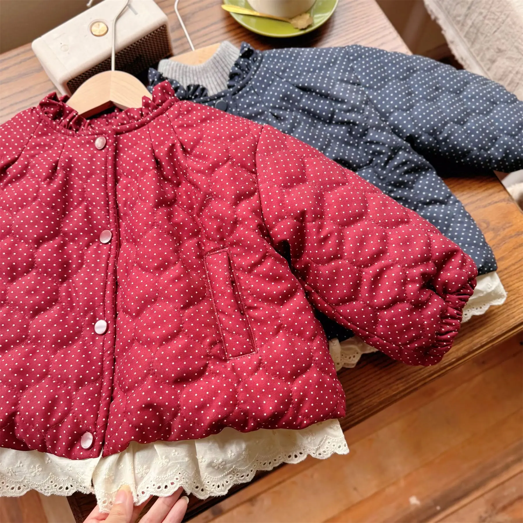 معطف قطني مبطن بالصوف منقط مضاف برباط سميك شتوي كوري فضفاض كاجوال حلو لطيف عصري مريح #6