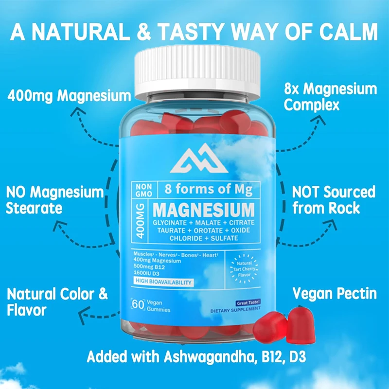 8-in-1 magnesium gummies with glycine magnesium, malic acid, citric acid, taurine, oxides, etc. 400mg of vitamin D3 and B12