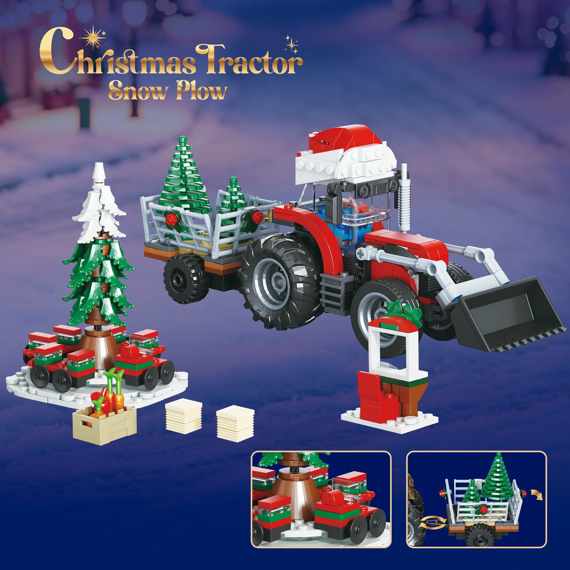 MOC Winter Christmas Snow Clearing Tractor Home Decoration, Building Blocks Set, Educational Building Toys, Christmas Gift