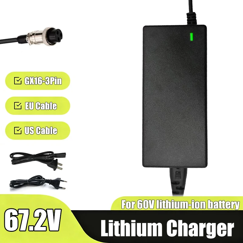 

67.2V 2A Li-ion Battery Charger EU US Power Adapter For 60V ZERO 10X VSETT 10+ Electric Vehicle GX16 3PIN Aviation Charging Port