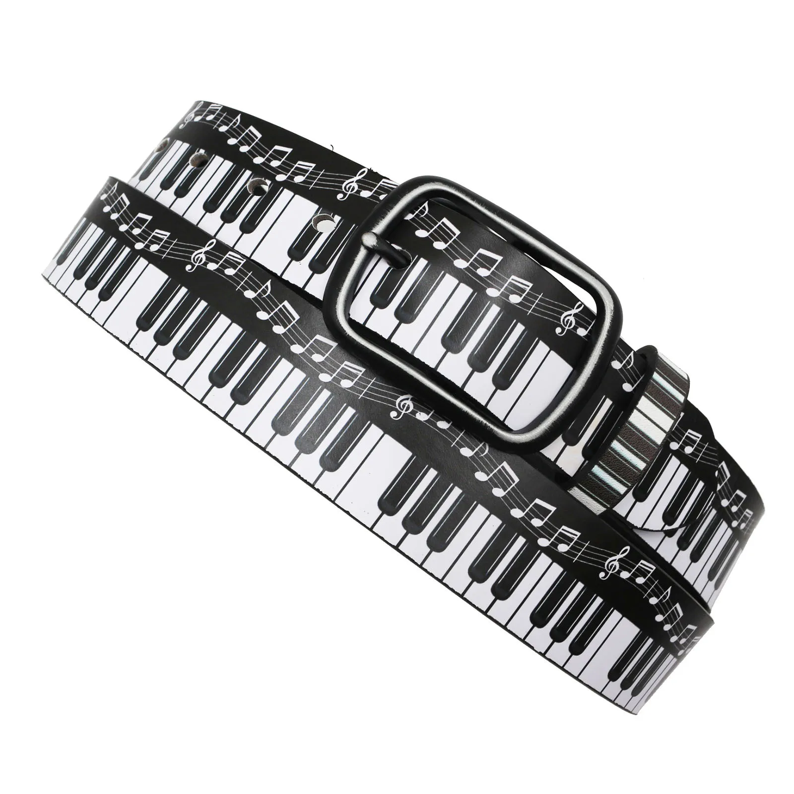 Black and White Piano Print PU Leather Belt Hip-hop Unisex Belt Versatile with Pin Buckle