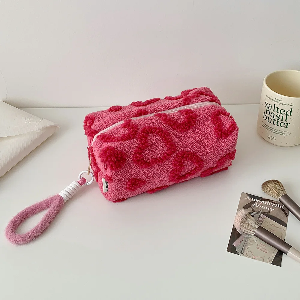 Cute Heart-shaped Plush Storage Bag, Large Capacity Multi-purpose Pencil Case for School & Travel, Portable Makeup Organizer