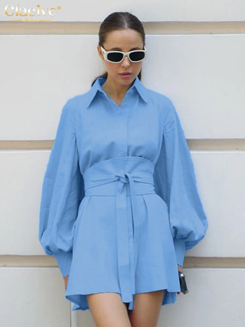

Clacive Fashion Loose Blue Cotton Women's Dress 2025 Casual Lapel Long Sleeve Mini Dresses Elegant Classic Lace-Up Female Dress