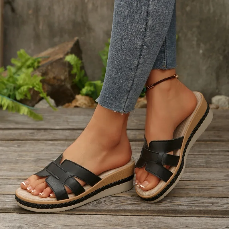 Women's Fashion Wedge Slippers Summer New Round Toe Open Toe Cutout Platform Anti-Slip Wear-Resistant High Heels