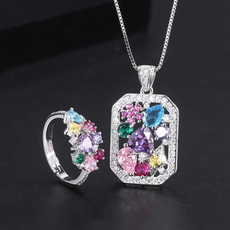 

2023 New Colorful High Carbon Diamond Water Droplet Open Adjustable Ring Pendant Necklace Set for Women Jewelry Gift David Star