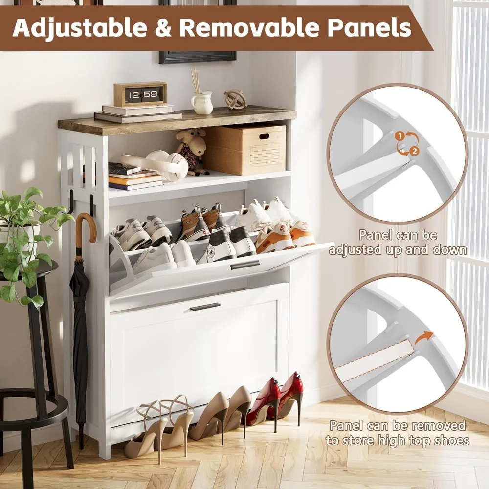خزانة أحذية قابلة للتعديل مع مساحة تخزين مخفية وأدراج الروطان لتنظيم الأحذية