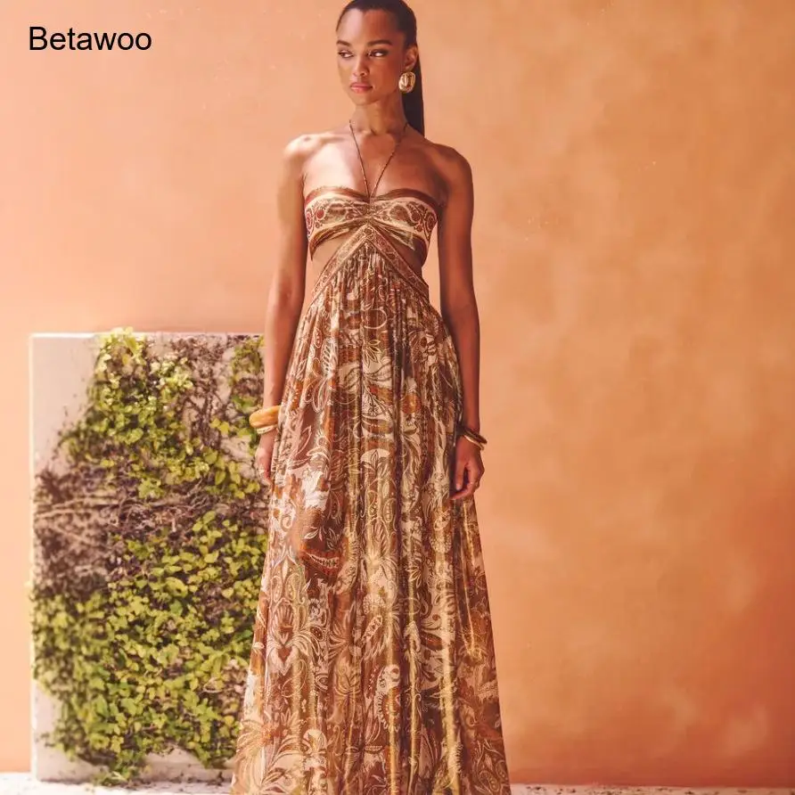 Damen Boho Retro Paisley Trägerloses Kleid mit Cut-Outs an der Taille, Fließendes Sommer-Urlaubskleid in Maxilänge