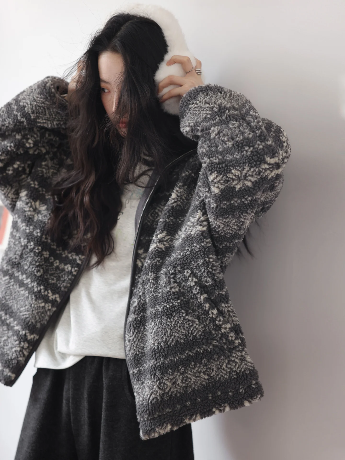 

Retro Aosphere Snowflake ey Hooded Thiened Fce Women's Winter Coat Windproof Loose Fit Warm Outerwear Jaet
