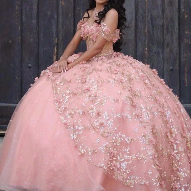 Pink Princess Quinceanera Dresses Off the Shoulder 3D Flower Applique Lace Corset Cinderella Prom Birthday Lace-up Sweet 16Dress