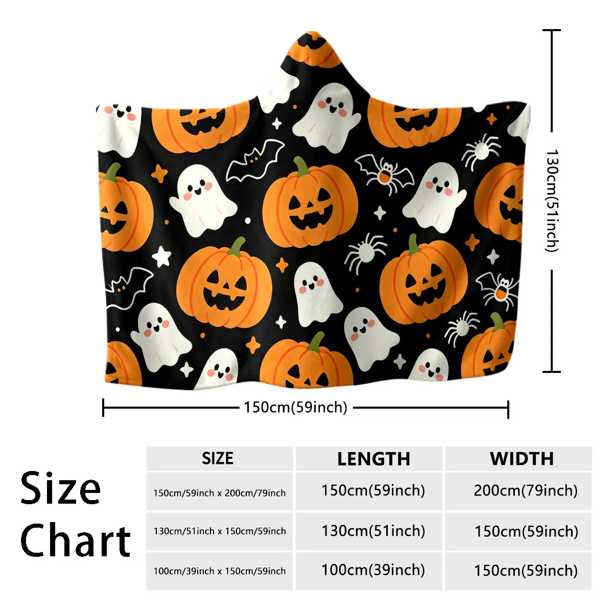 1pc Halloween pumpkin ghost bat spider print hooded blanket flannel hoodie cape blanket, soft and casual  blanket - view 3