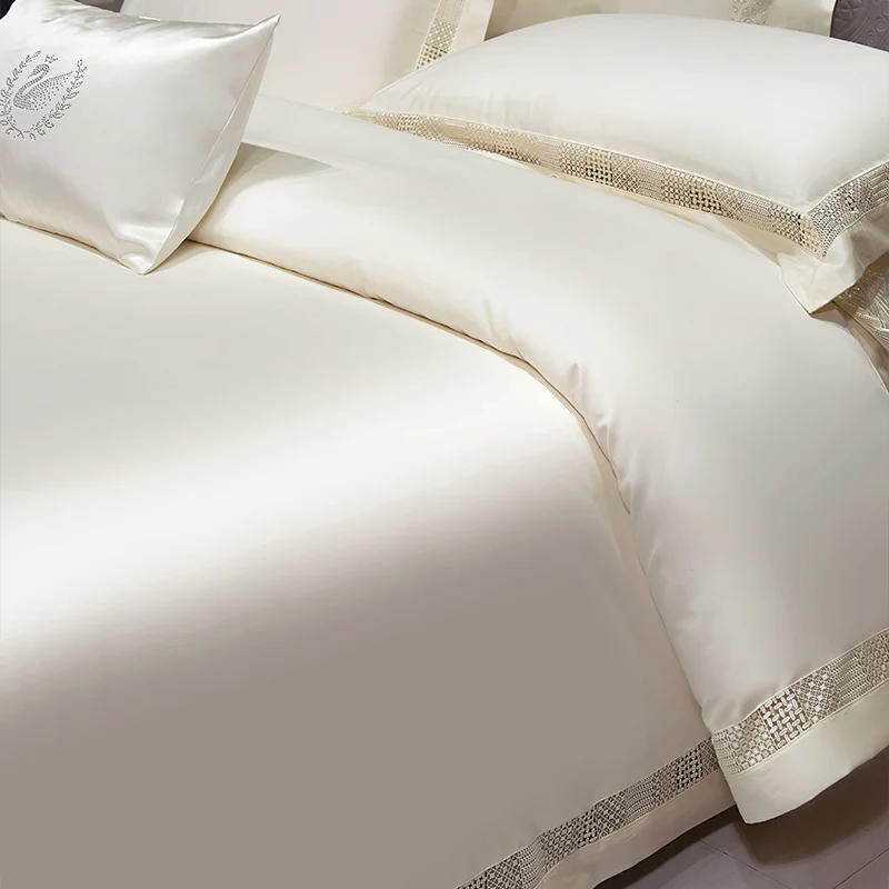 1400TC Egyptian Cotton Bedding Set, Hollow Lace Wide Edge, Soft Duvet Cover Set, Bed Sheet, Pillowcases, Luxury Hotel Style