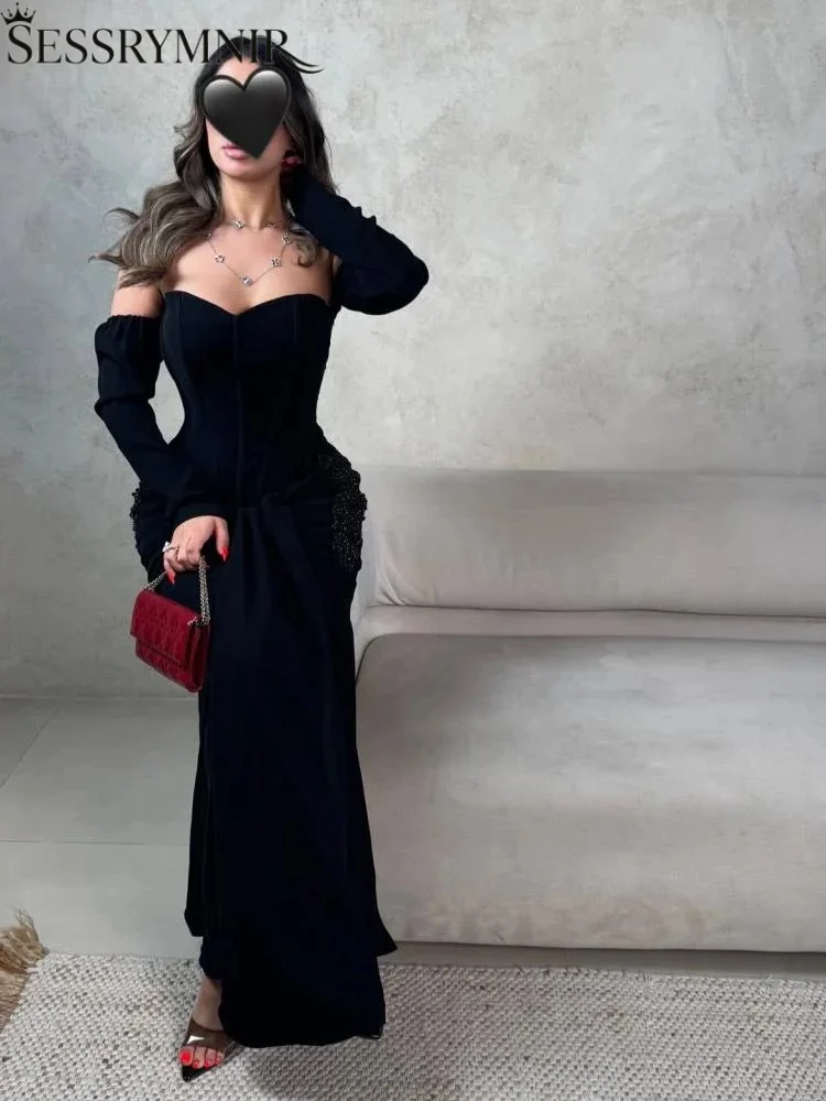 

SESSRYMNIR Women'S Wedding Party Attire Customize Sweetheart Mermaid Evening Dresses Floor-Length Ruffled Long Sleeves Elegant