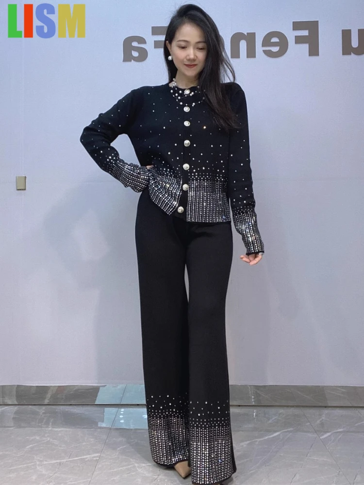 

LISM зимний женский наряд вязаный кардиган с бриллиантами, свитер + широкие брюки с высокой талией, женские темпераментные комплекты из двух предметов