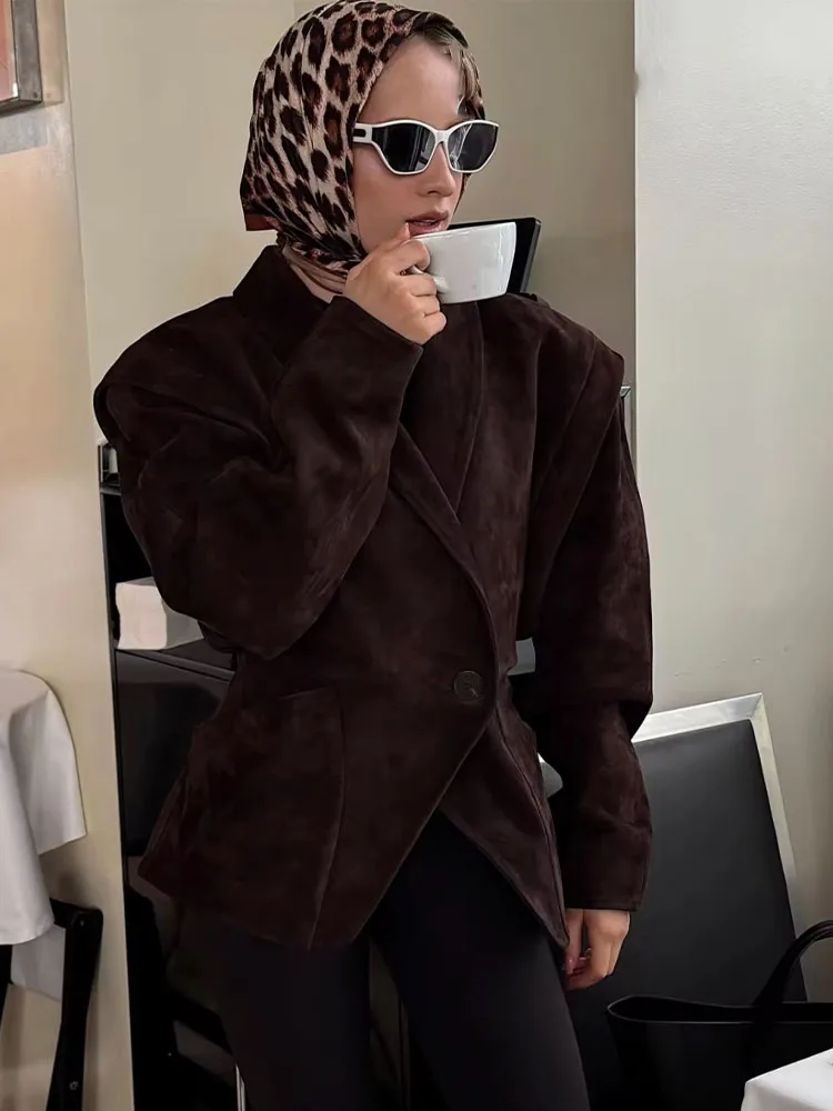 HH Woman's Autumn Vintage V-neck Suede Single-button Blazer Female High-end Long Sleeve Pocket Decoration Slim Casual Jacket