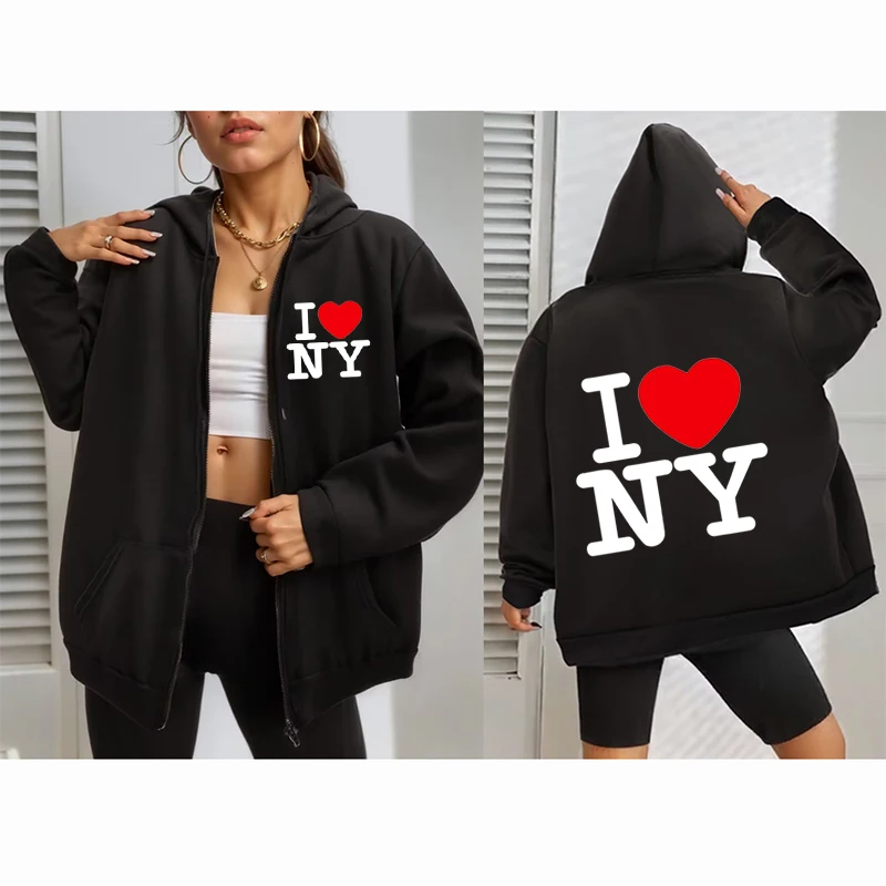 

I LOVE NEW YORK Hoodie Letter Printed Zipper Hoody Women Men Zip up Jacket Y2k Grunge Weatshirt Long Sleeves Emo Kpop Streetwea