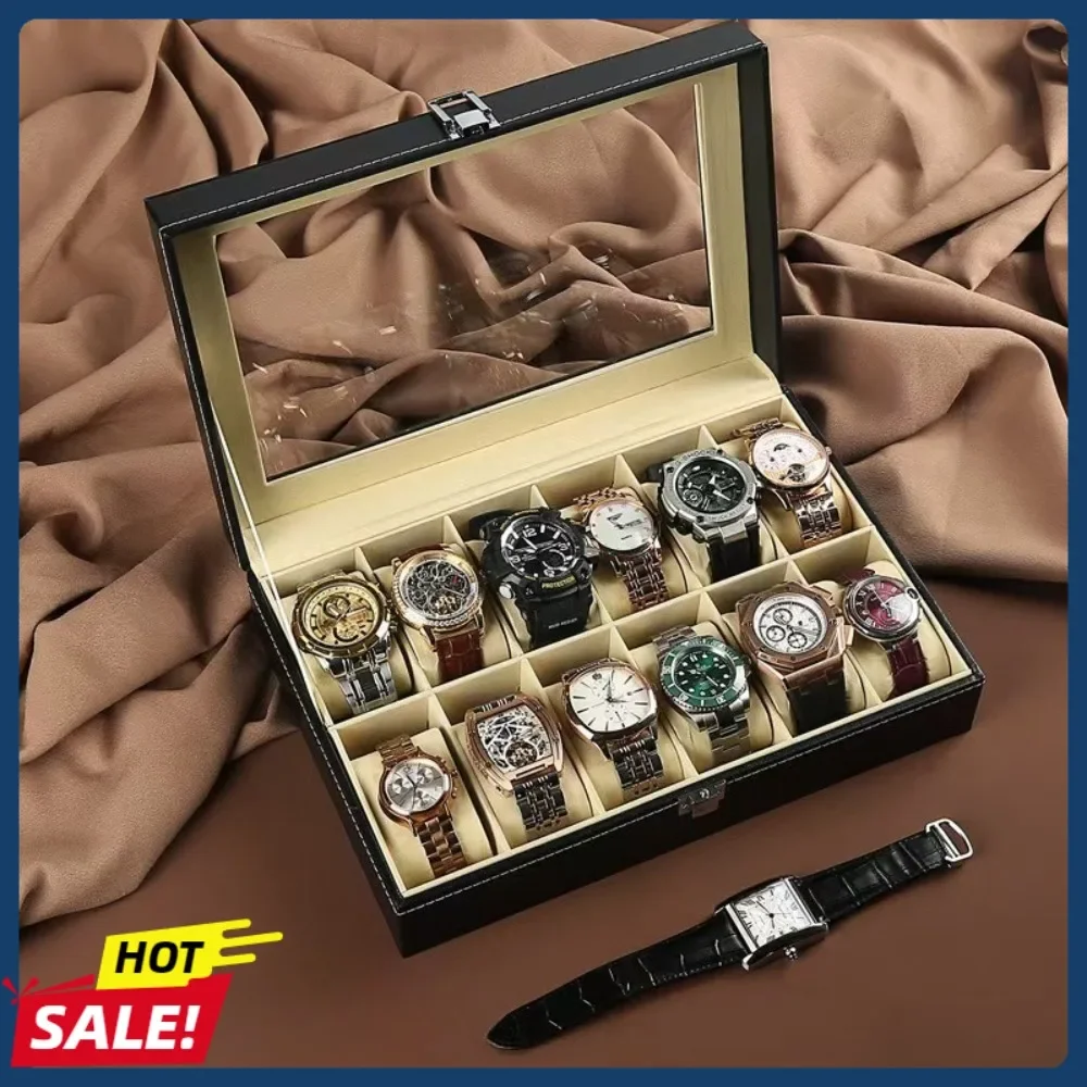 

12-Compartment Leather Watch Storage Box with Lock Wristwatch Organizer Home Watch Display Case Gift Watch Box