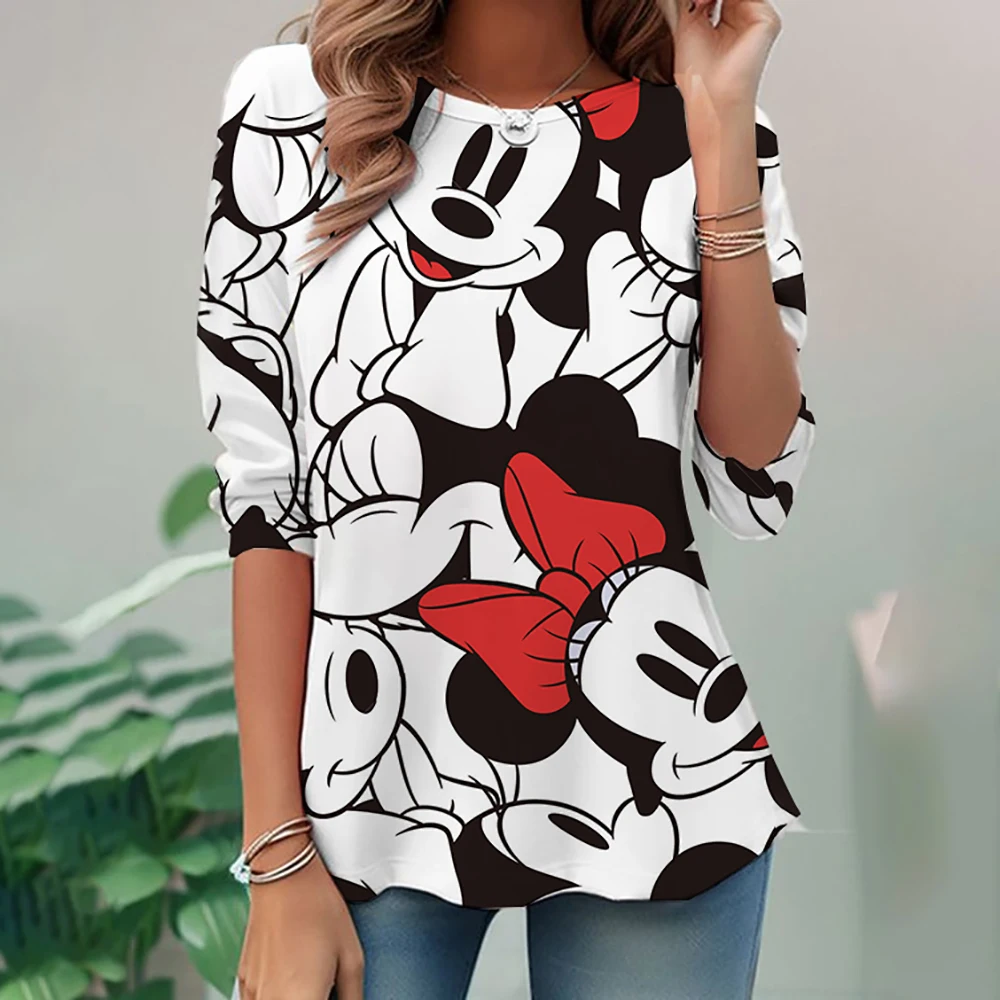 

New Large Women's Long Sleeve Round Neck Waist Top T-shirt Disney Mickey Mouse Loose Casual Fashion Loose Women's Shirt