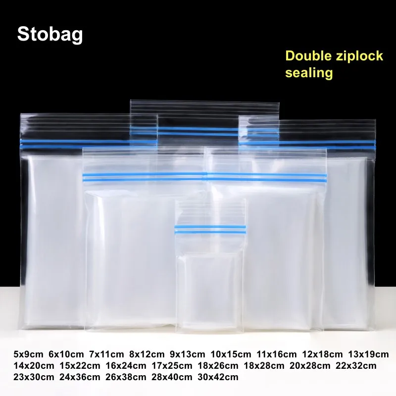 StoBag 50pcs PE Transparent Ziplock Bags Double Self-sealing Clear Food Packaging Pouches Storage Waterproof Reusable Plastic