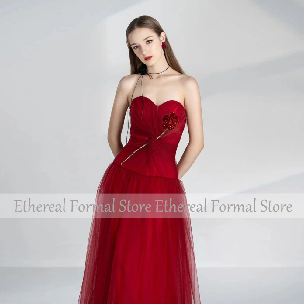 فستان سهرة من التول الأحمر لحفلات الزفاف بدون حمالات فستان سهرة نسائي على شكل حرف A فساتين رسمية