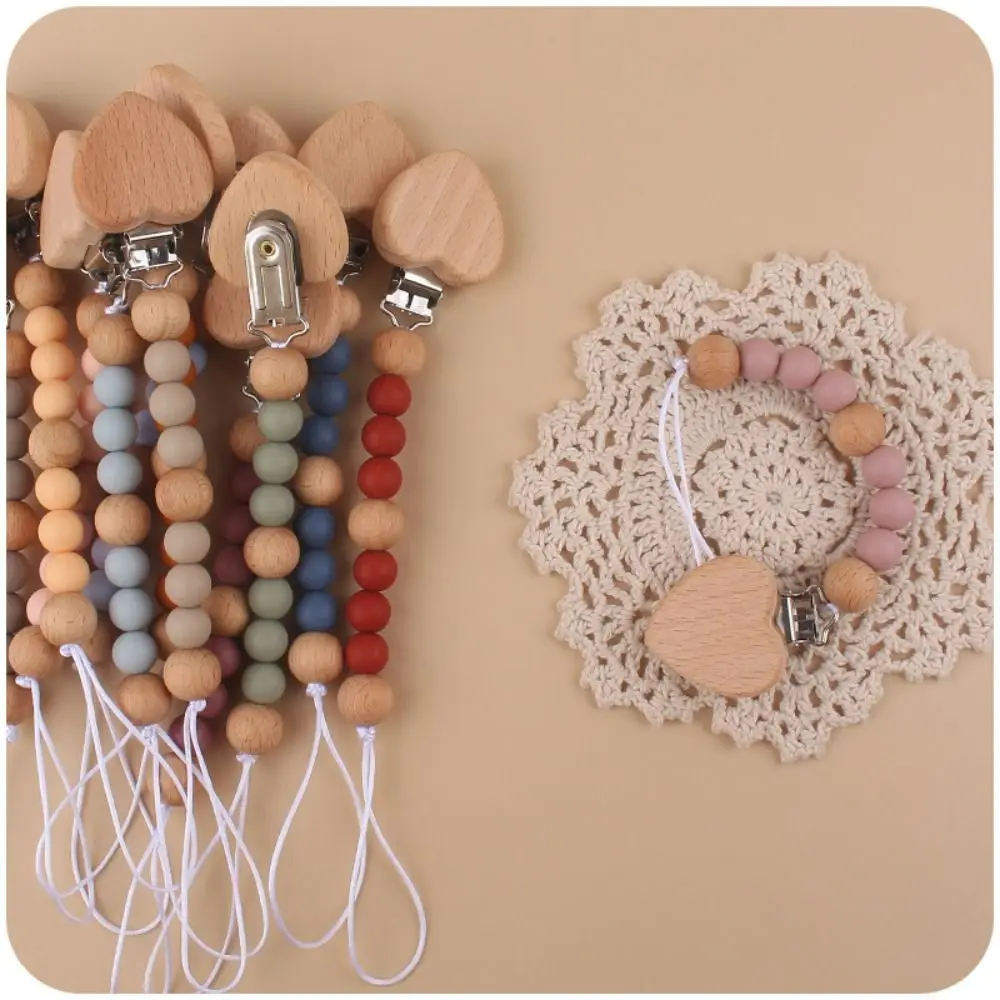 

Dummy Clips Pacifier Holder Clips Love Wood Baby Pacifier Chain Nipple Holder Clips Soother Holder Baby Teether Toys Straps