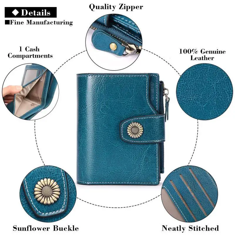 Kurze Damen-Geldbörse aus Leder, Vintage-Blumenmuster, mit Druckknopfverschluss, RFID-Schutz, mehreren Kartenfächern und Reißverschlussfach für Münzen, ideal für den täglichen Einkauf und für Reisen. – Detail 4