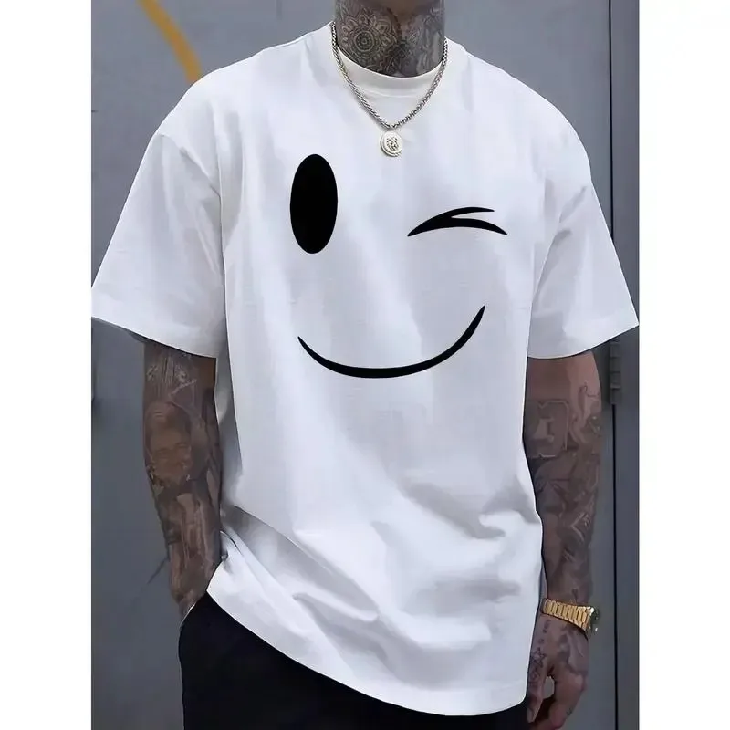 [100 cotton]Summer Must-Have_ Men's Fashionable Smiling Face Printed Casual T-Shirt - Breathable , Round Neck, Short Sleeved