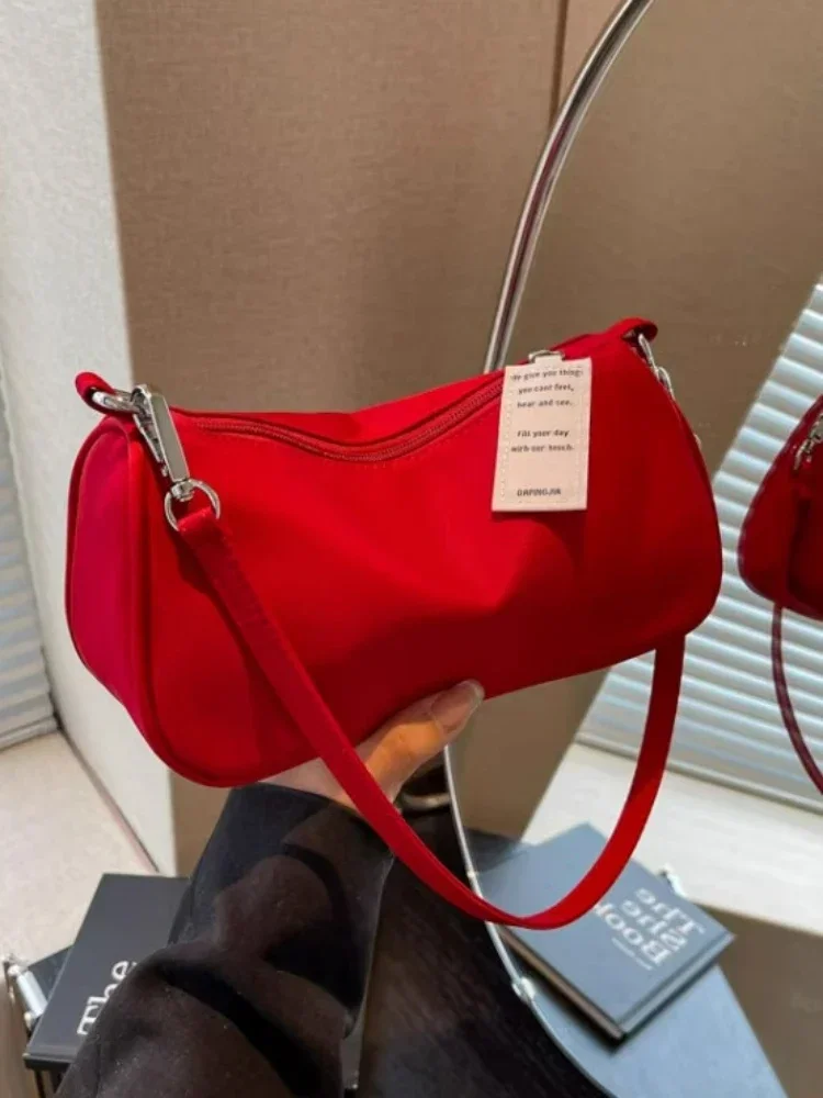 Red Bag Woman 2024 New High-grade Shoulder Hand Underarm Bag Niche Design Simple Commuter Bag Solid Color