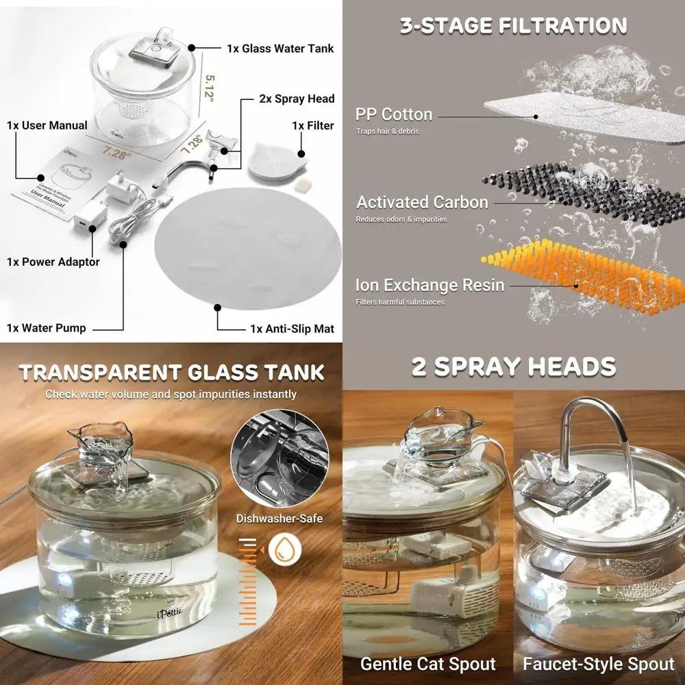 

Glass Cat Water Fountain, Kitty Spout Water Fountain 68oz/2L for Cats Dogs with 2 Spray Heads, 3-Stage Filtration, Automatic Wat