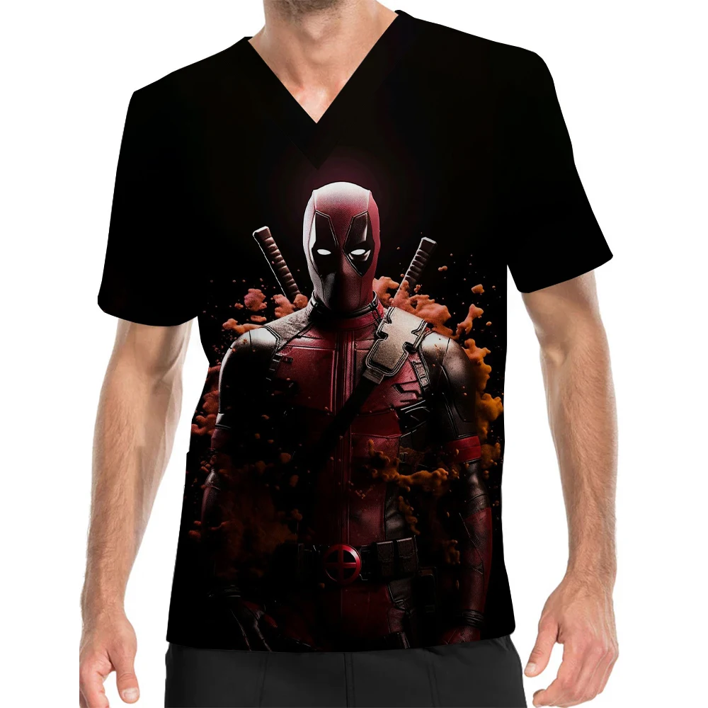 V-Neck Print Scrub Top Surgical Gown Men's Deadpool Pattern Printed Medical Uniform Doctor Nurse Surgical Gown Top