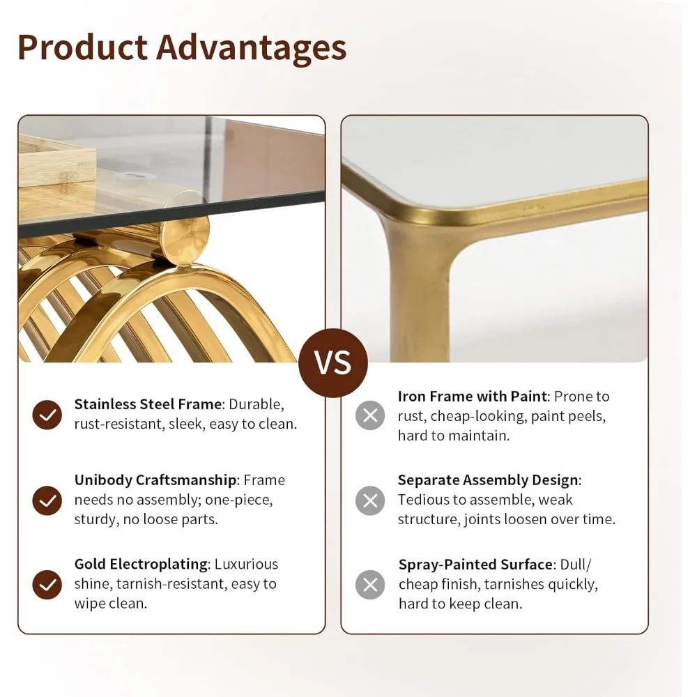 Gold Glass Coffee Table, 47 Tempered Clear Glass Top, Stainless Steel Frame, Unique Decorative Center Table, Modern Gold Coffee