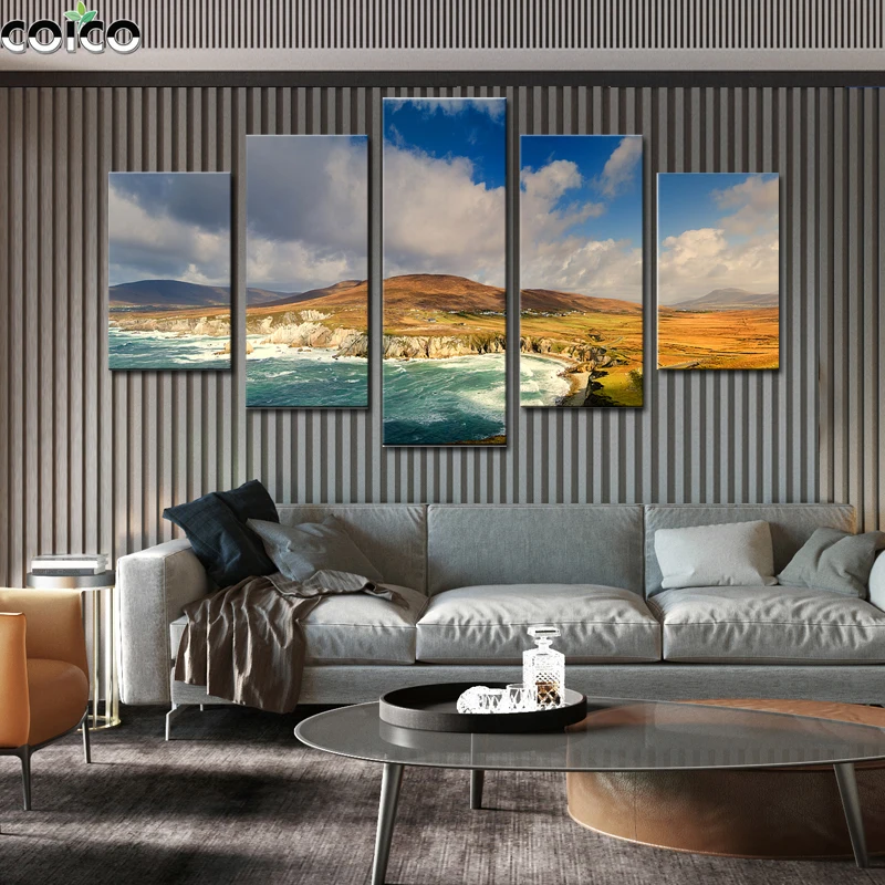 

5 Panel Wall Art with Frame Landscape Painting Mountains Seas Blue Sky Prairie Canvas Print Poster and Prints Home Decor Picture