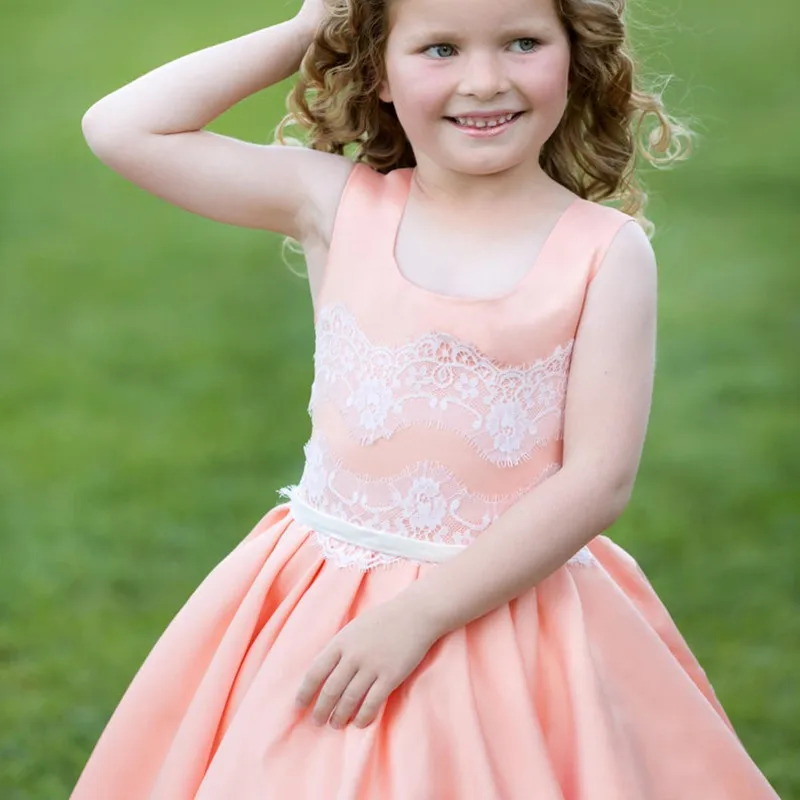 

Pink Satin Flower Girl Dresses Wedding Birthday Gowns With White Lace Princess Party Special Occasion Custom Formal Wear