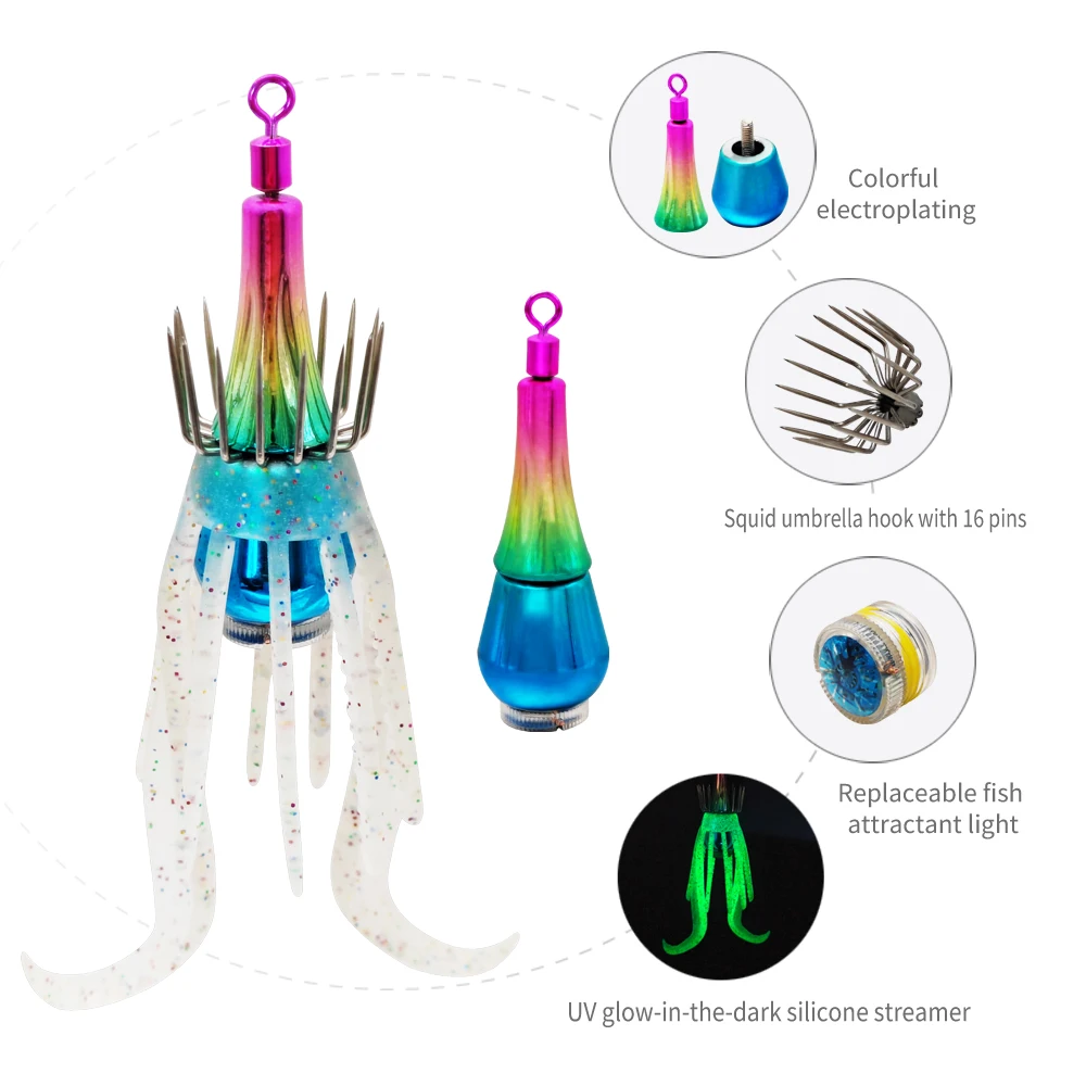 خطافات صيد الحبار الجديدة مع أضواء LED مزدوجة السحر خطافات الصيد الخفيفة 14 # /16 # هوك مقاوم للماء الحبار تهزهز الصيد الخشب الروبيان #2