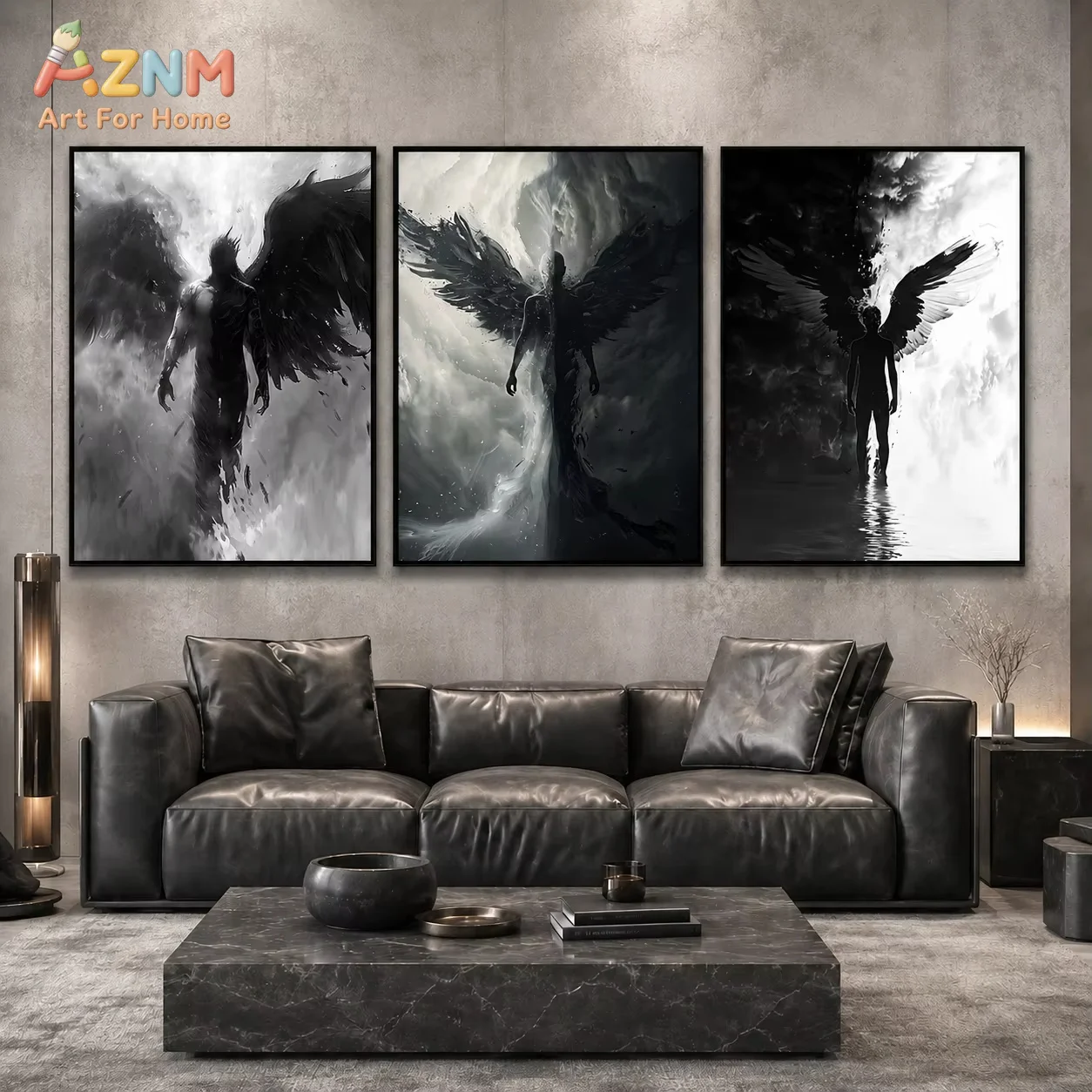 AZNM Abstract Wall Art Black and White Beautiful Dark Angel Canvas Painting Modern Style Poster Prints Living Room Wall Decor