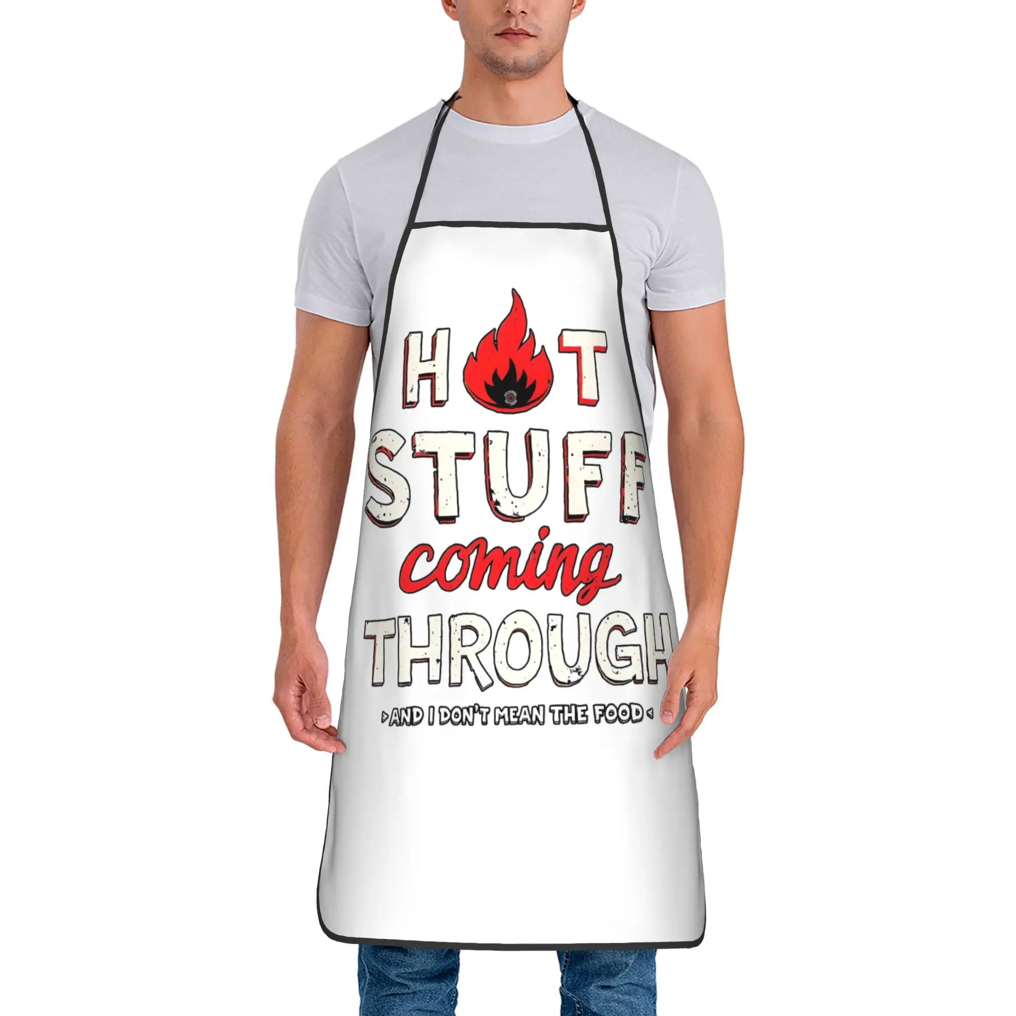

Hot Stuff Coming Through BBQ Waterproof Bib Aprons Breathable Polyester Funny Chef Kitchen Household Adult Men Camping Pinafore