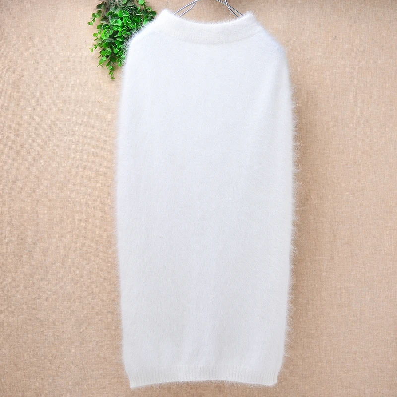 Ladies Women Fashion Hairy Angora Rabbit Hair Knitted Medium Long Split Back Autumn Winter Warm Colorful Sweater Skirt Pull